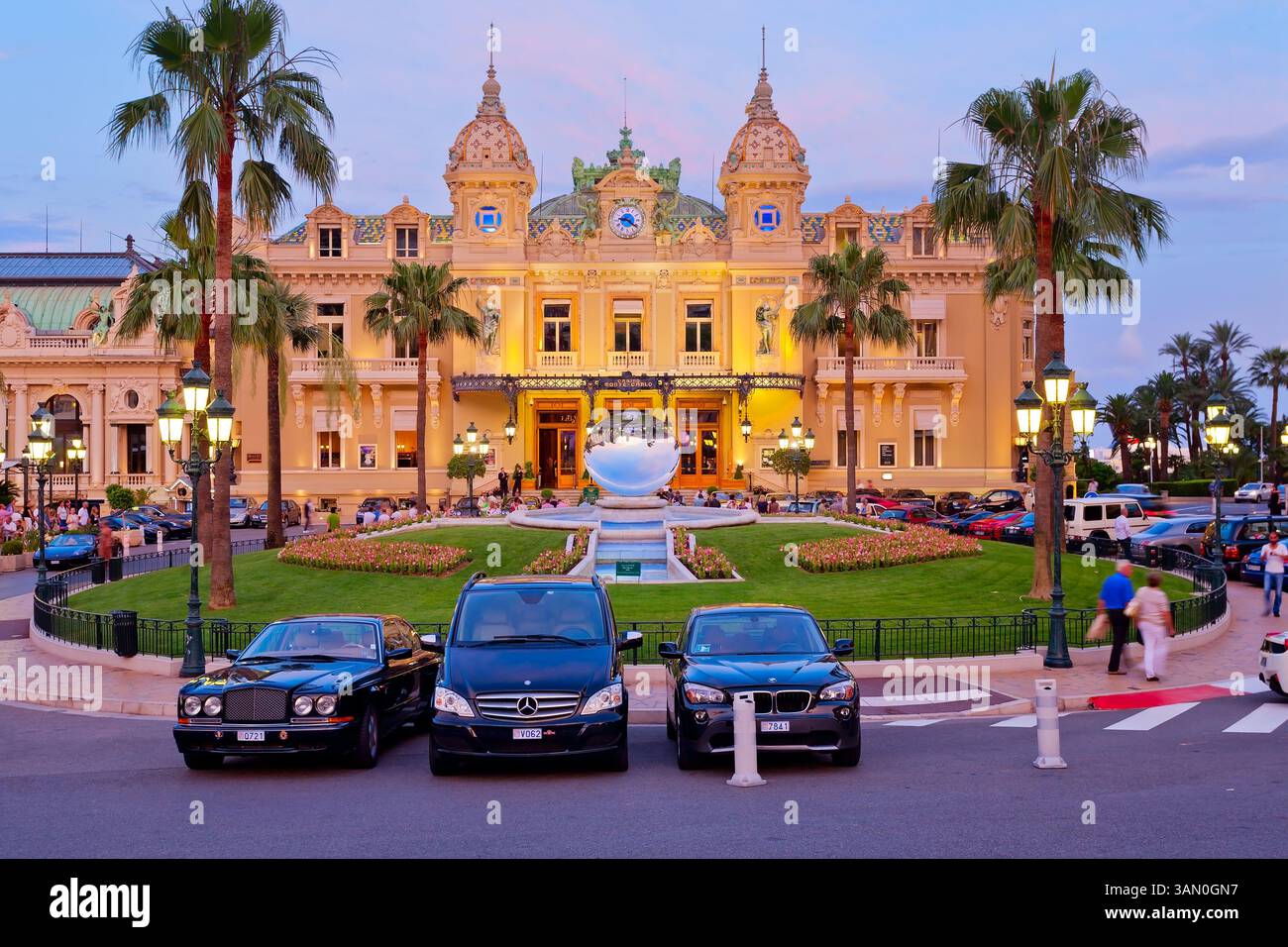 Panoramic view of Casino Monte Carlo at night, Monaco Stock Photo