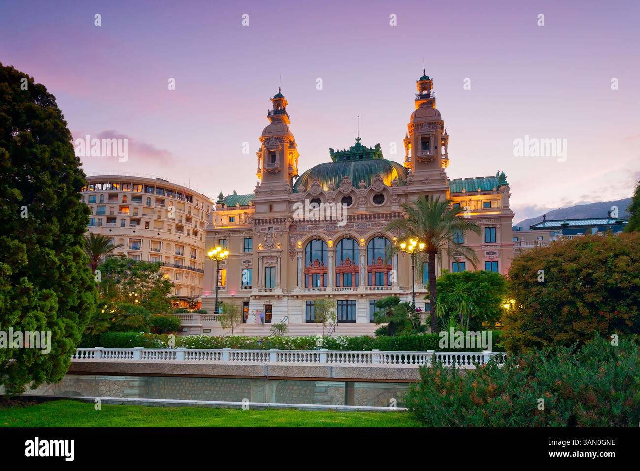 Panoramic view of Casino Monte Carlo at night, Monaco Stock Photo
