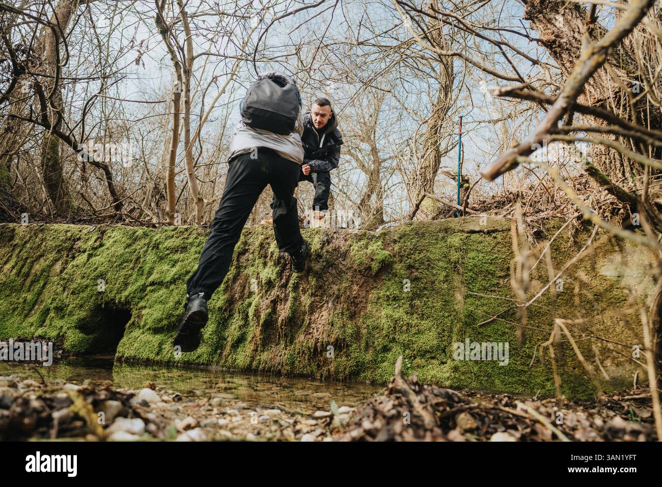 Two people hiking through a wooded area, helping each other navigate ...