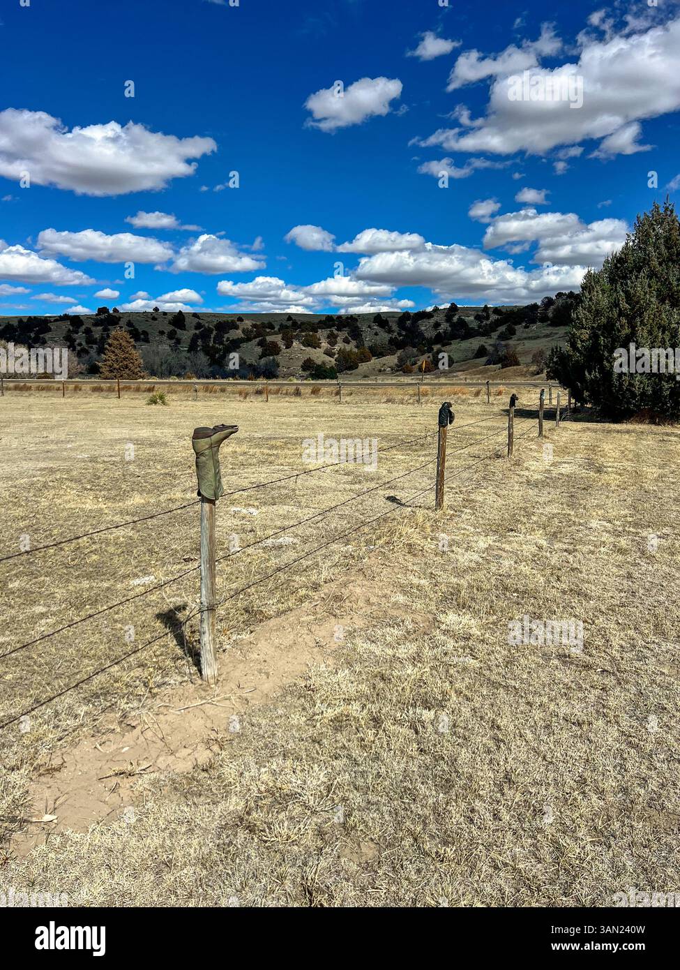 Worn boots rest atop fence posts under a bright blue sky, blending rustic charm with open prairie views. - Smartphone Captured Stock Image