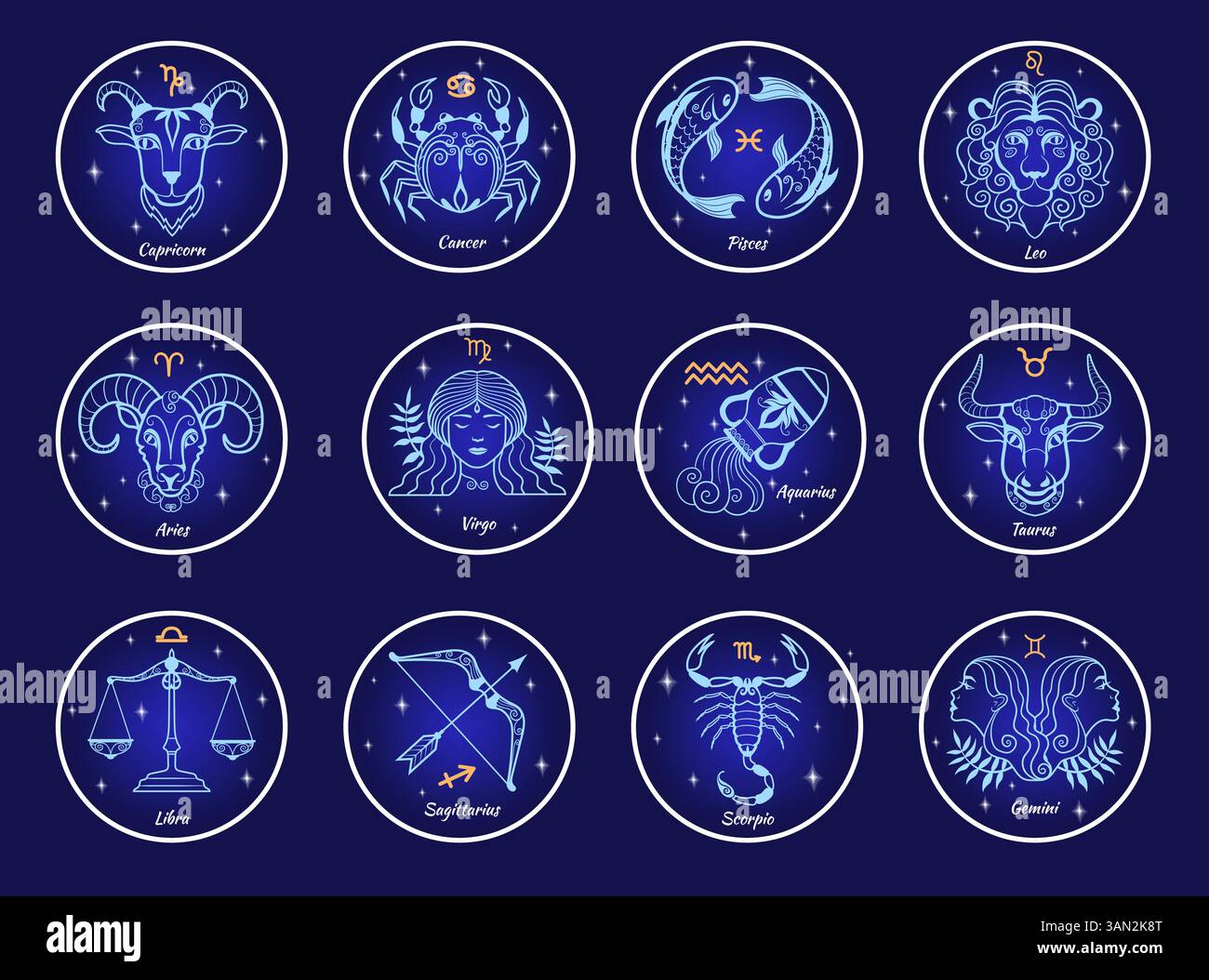 Zodiac signs constellations. Astrology calendar star logo 12 line icons ...