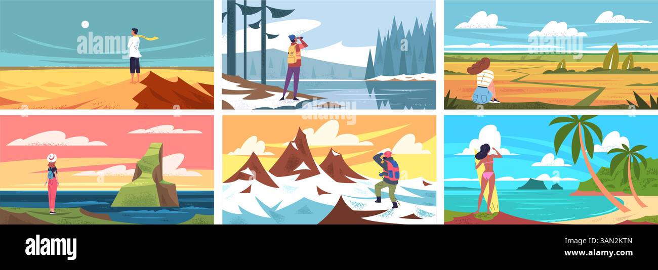Travelers enjoying nature landscape. Man woman enjoy views outdoor landscapes, tourist explore mountain journey adventure travel hiking trip summer rest classy vector illustration original artwork Stock Vector