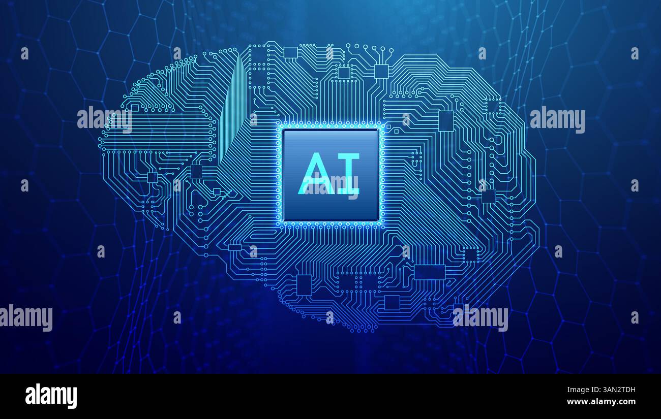 Futuristic Medical AI Brain Chip Digital Tech bg. 3D Abstract Circuit Network featuring Semiconductor, Neural Processor and Cloud Data. Vector Smart Stock Vector