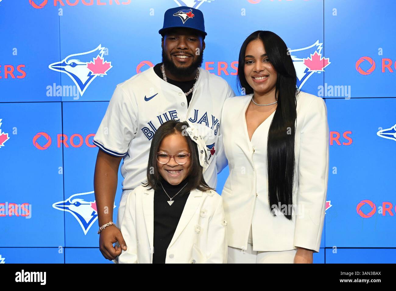 Toronto Blue Jays first baseman Vladimir Guerrero Jr., left, poses with ...