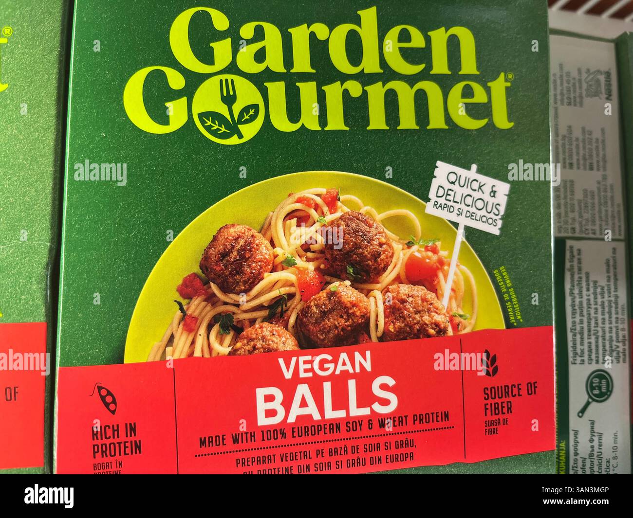 Pack of Garden Gourmet vegan balls in the grocery freezer, offering a tasty, plant-based frozen meal option for vegan diets. - Smartphone Captured Stock Image