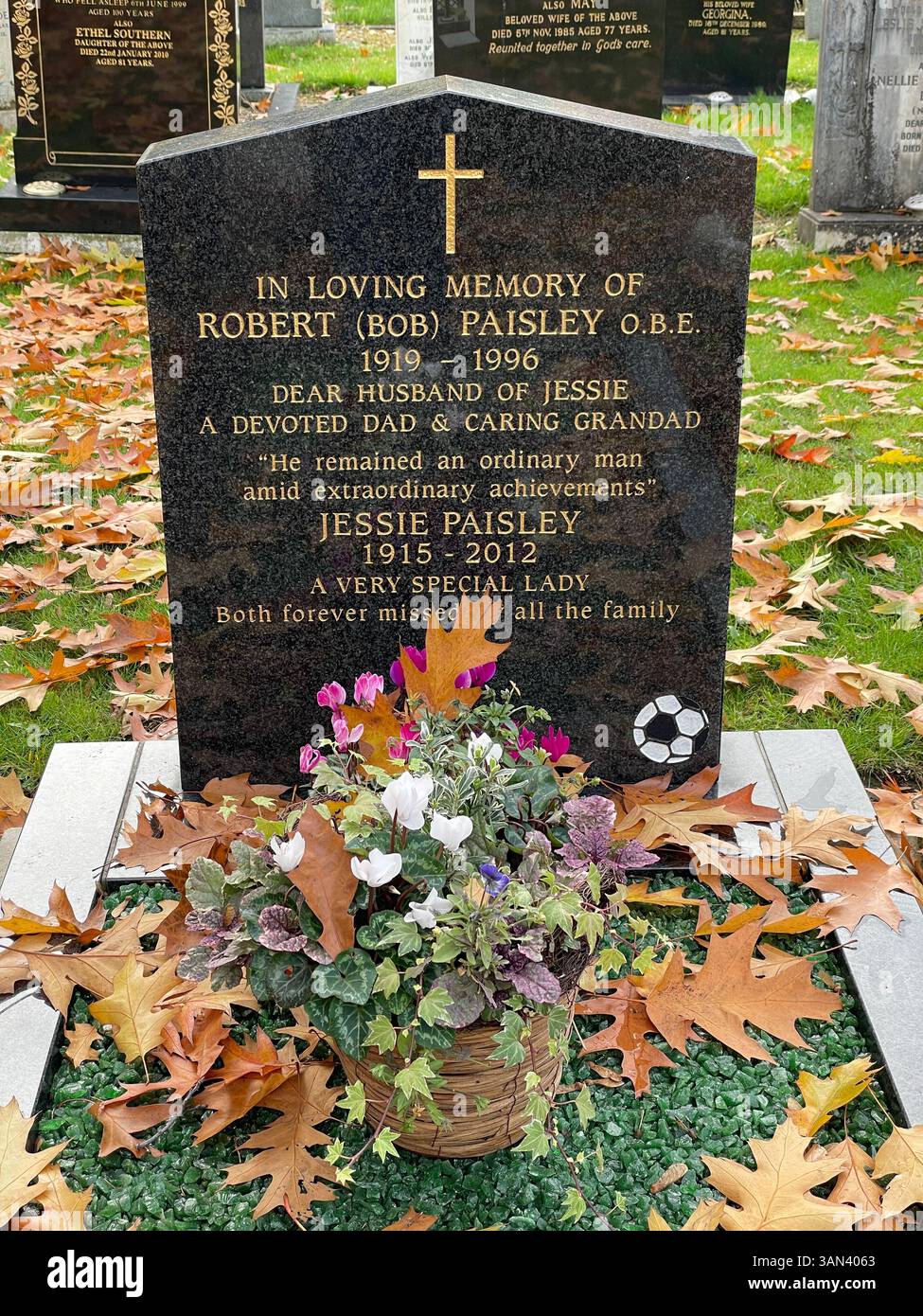 Grave of Liverpool manager Bob Paisley, graveyard at St Peters Church,  Woolton, Liverpool, Merseyside, England Stock Photo