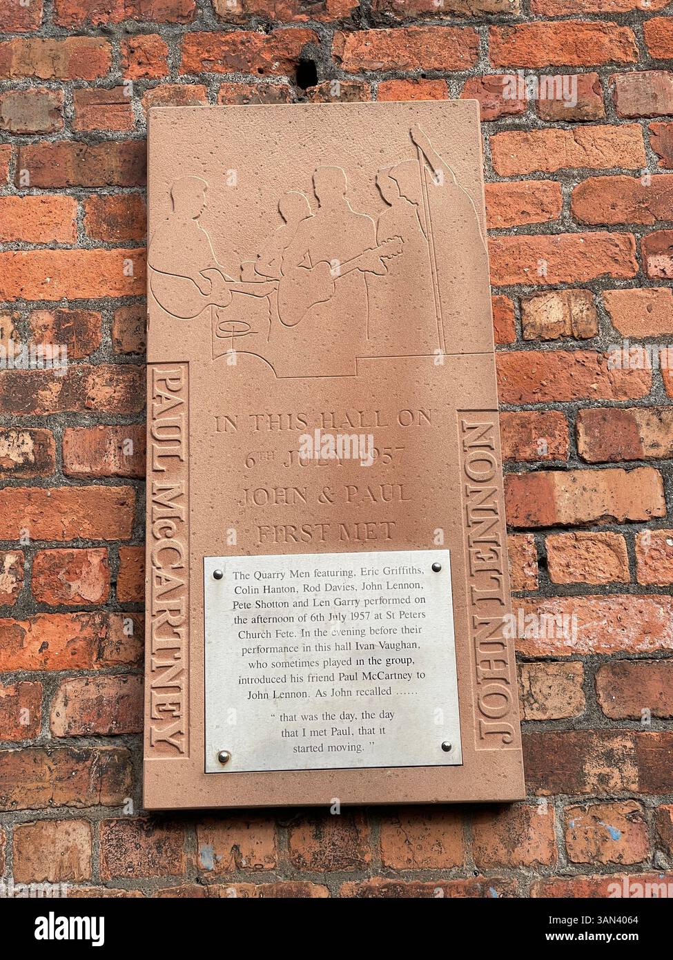 Quarry Men plaque St Peters Church Hall in Woolton, Liverpool, Merseyside, England Stock Photo
