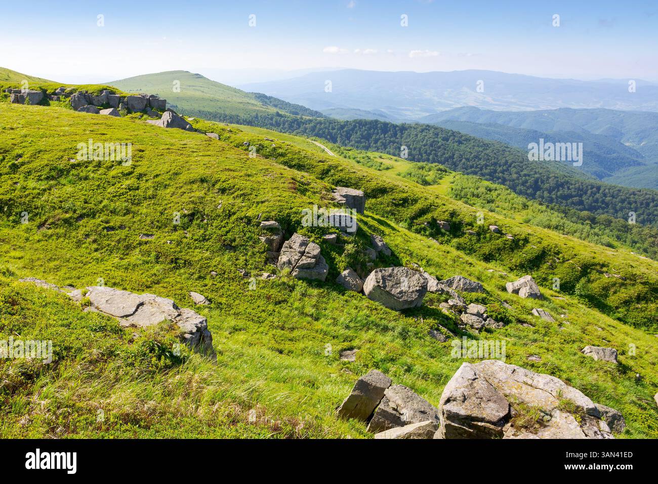 white sharp stones on the hillside. lovely carpathian mountain landscape in summer. huge rocks scattered among alpine grass. stunning terrain of smoot Stock Photo