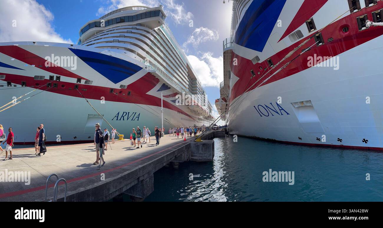 Arvia and Iona cruise ships moored side by side at Road Town, Tortola - Smartphone Captured Stock Image
