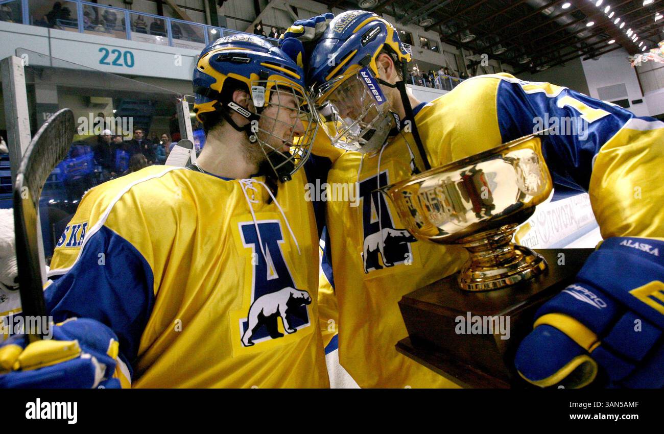 Feb. 27, 2010 - Fairbanks, AK, United States - John Wagner/News-Miner.Alaska defensemen Aaron Gens, left, and Joe Sova congradulate one another a 3-2 victory over the Alaska Anchorage Seawolves to reclaim the Governor's Cup after Saturday evening's, February 27, 2010, game at the Carlson Center. (Credit Image: © Fairbanks Daily News-Miner/ZUMApress.com) Stock Photo