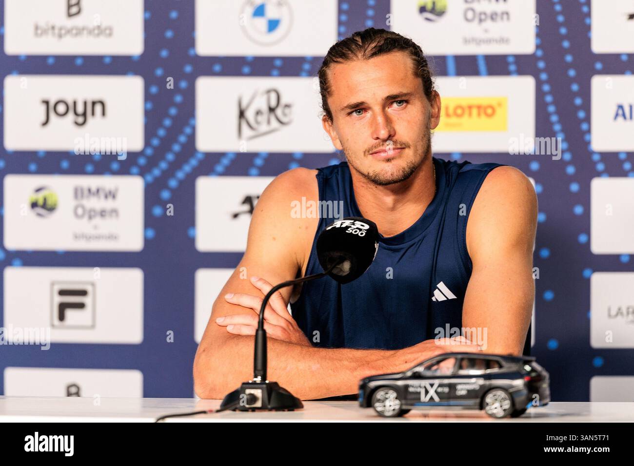 Munich, Germany. 14th April, 2025. Alexander Zverev (Deutschland) w?hrend der Pressekonferenz BMW Open by Bitpanda M?nchen ATP 500: Tag 3, M?nchen, MTTC Iphitos am 14.04.2025 Credit: dpa picture alliance/Alamy Live News Stock Photo