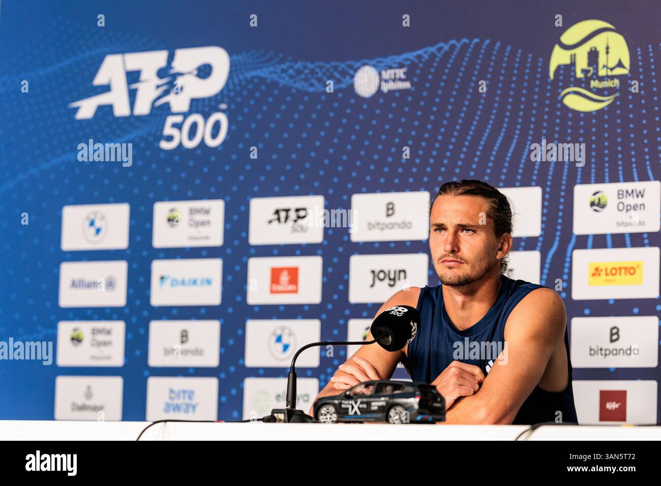 Munich, Germany. 14th April, 2025. Alexander Zverev (Deutschland) w?hrend der Pressekonferenz BMW Open by Bitpanda M?nchen ATP 500: Tag 3, M?nchen, MTTC Iphitos am 14.04.2025 Credit: dpa picture alliance/Alamy Live News Stock Photo