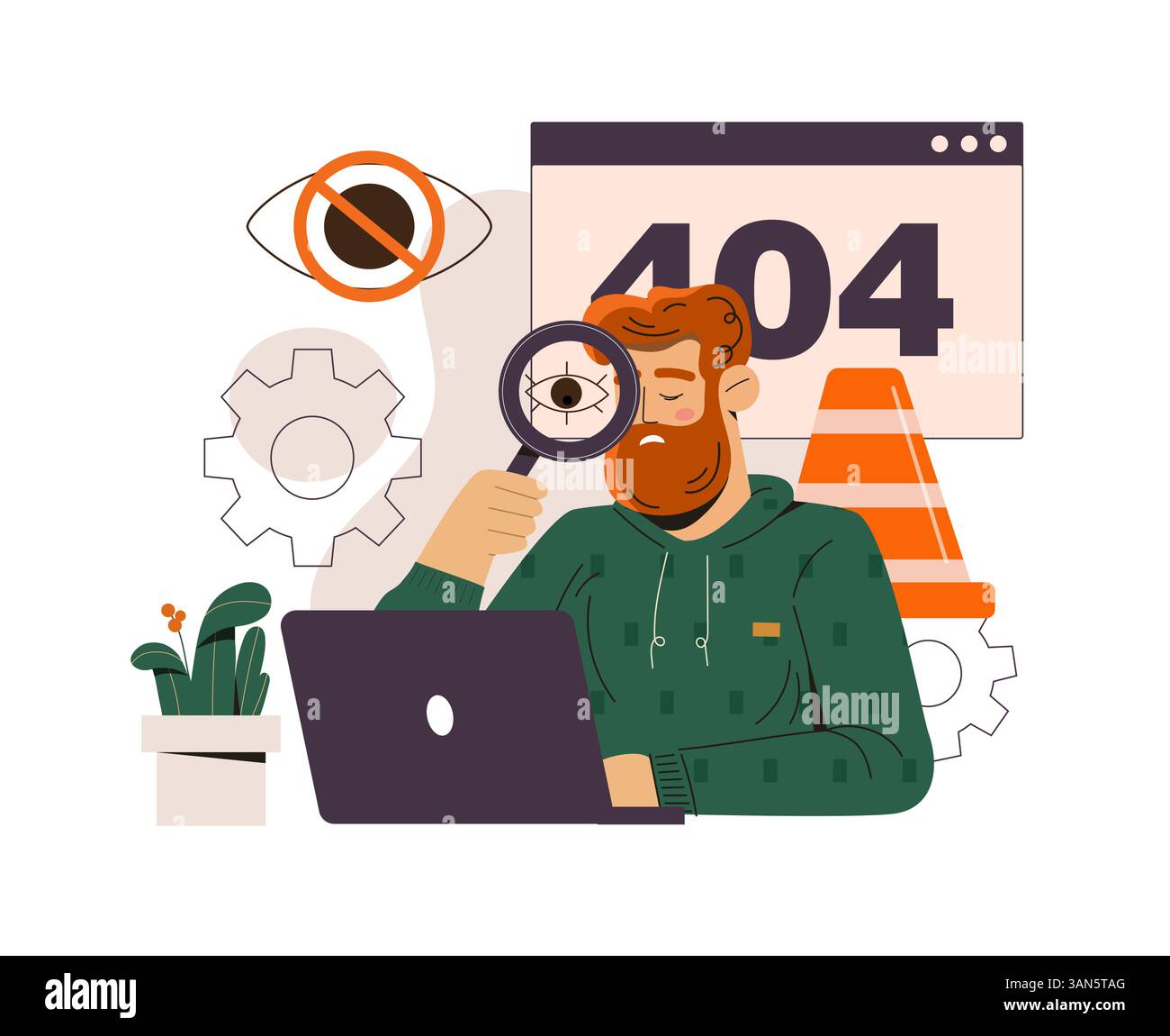 Man analyzing 404 error on laptop screen. Vector illustration Stock Vector