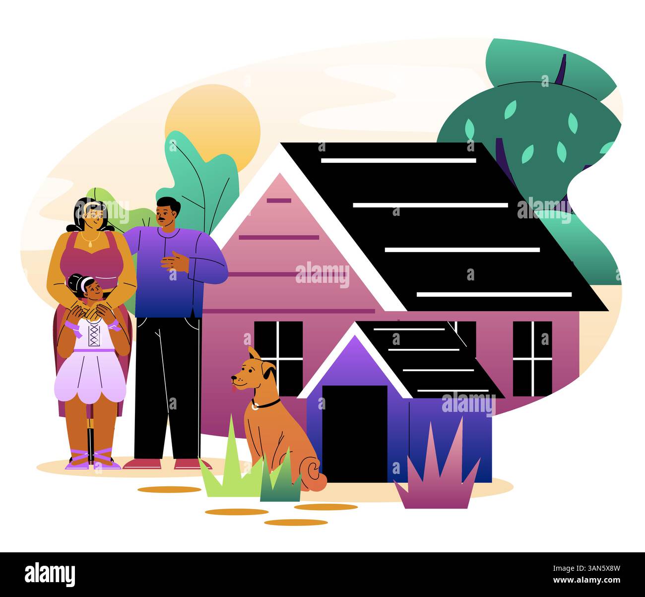 Happy family in front of house scene. Vector illustration Stock Vector ...