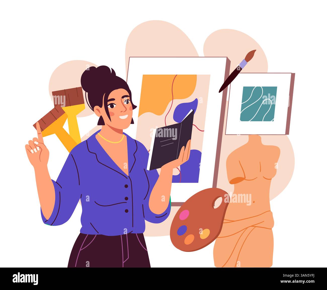Female artist with painting tools smiling. Vector illustration Stock ...