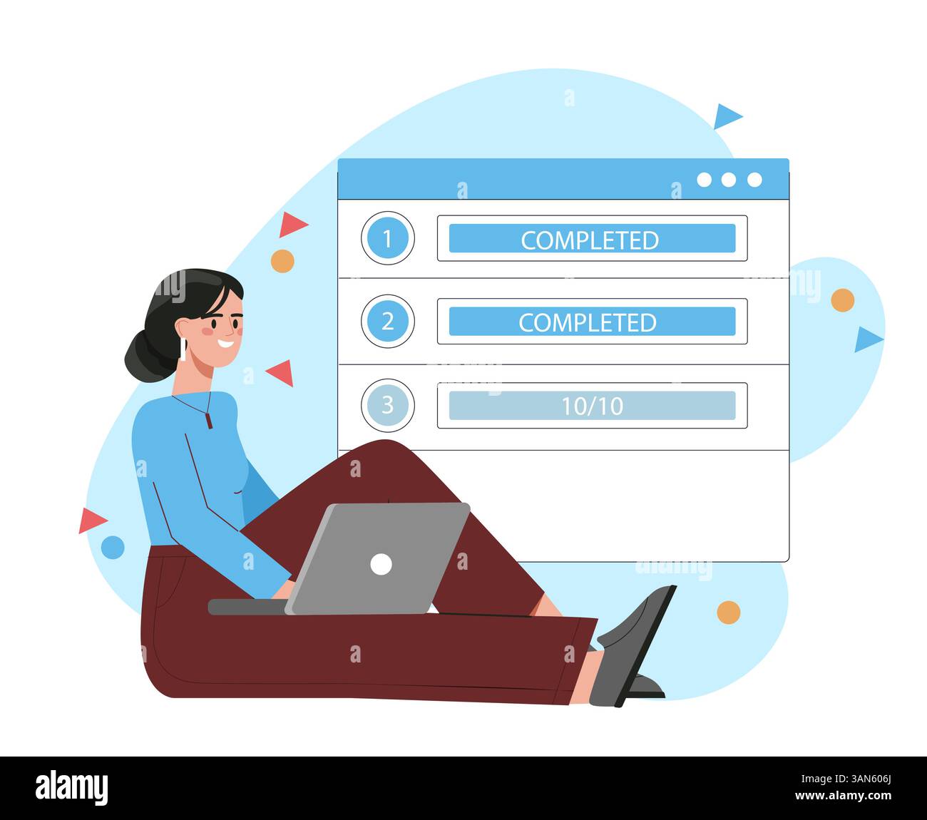 Woman using laptop with checklist screen. Vector illustration Stock Vector