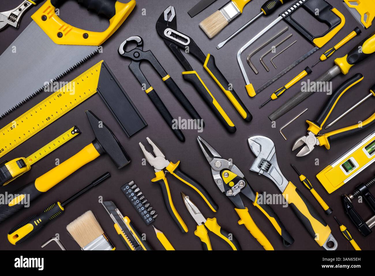 Various hand tools for build and repairing on working table. Stock Photo