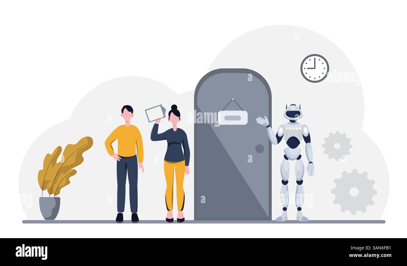 Robot greets office workers at door. Vector illustration Stock Vector