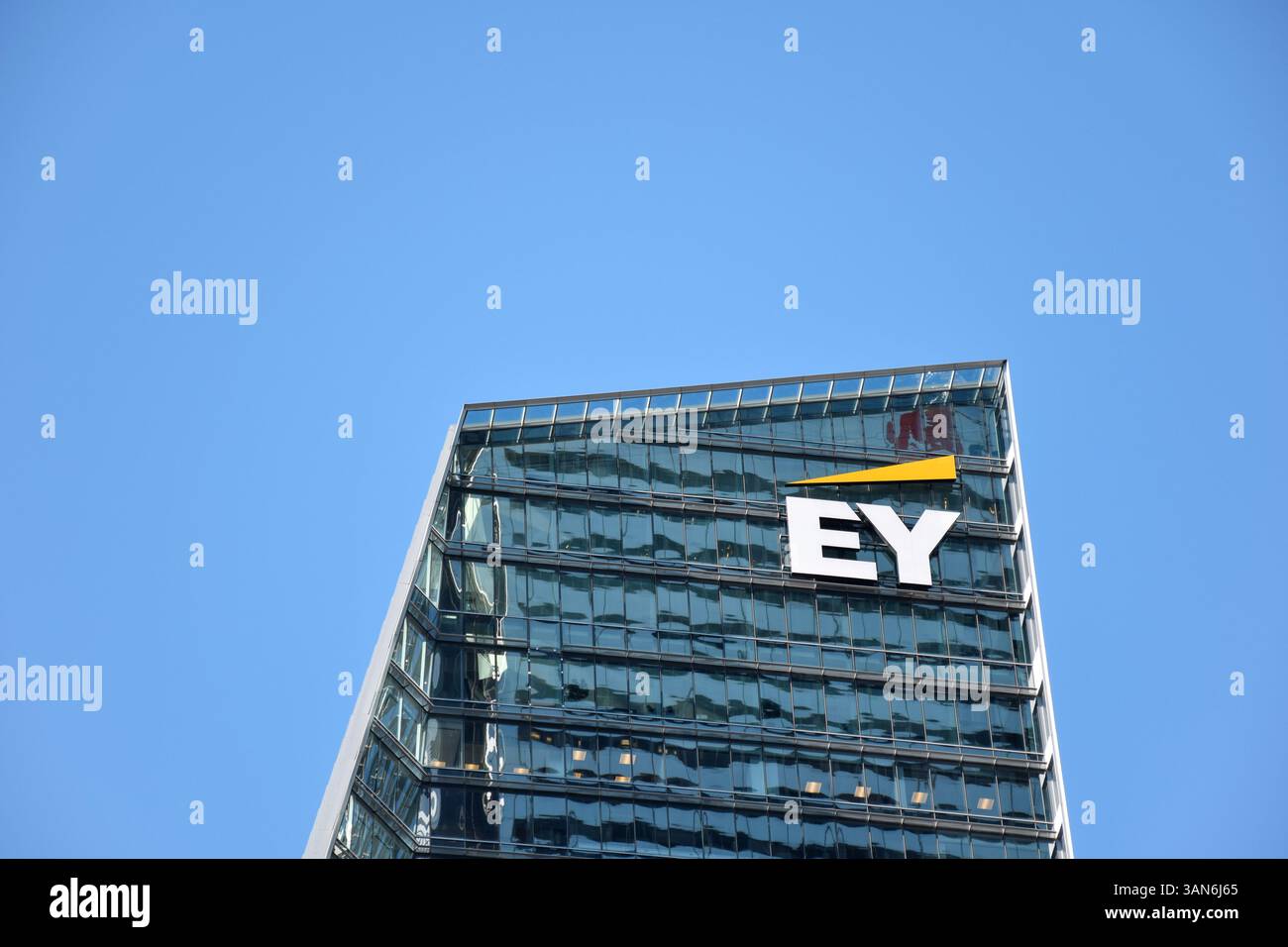 EY Ernst & Young Accounting Company logo on a highrise building ...