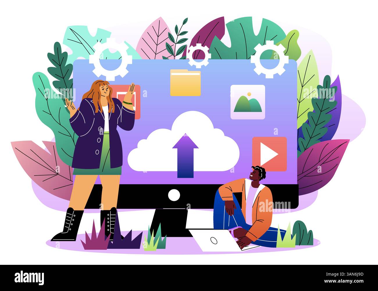 Cloud storage data upload concept scene. Vector illustration Stock Vector