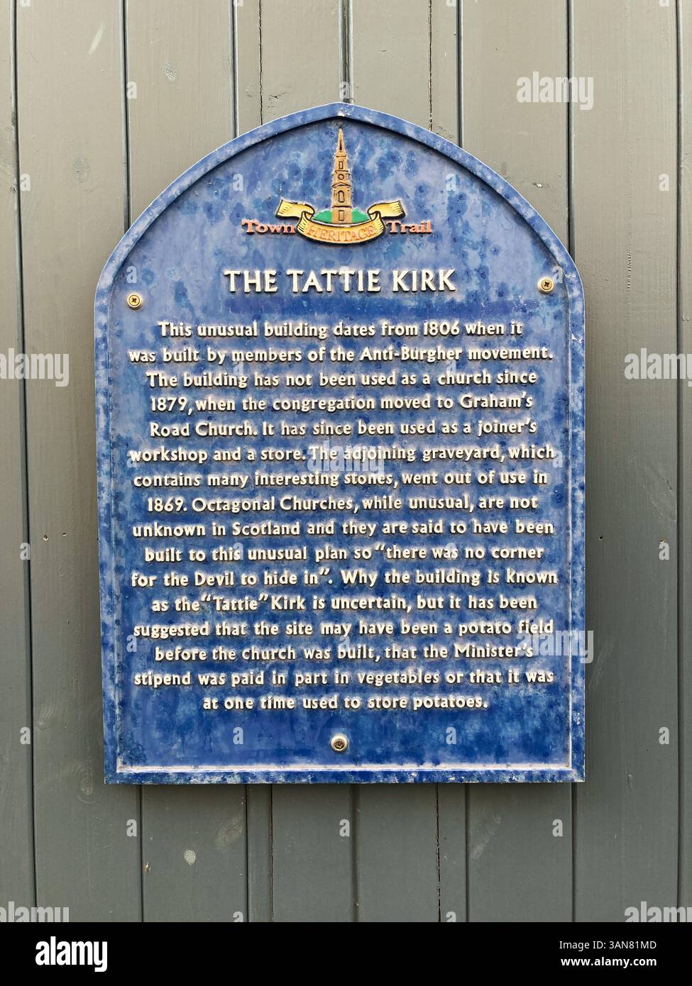 Blue Plaque with public information regarding The Tattie Kirk, part of the Falkirk Town Heritage Trail, Falkirk Scotland - Smartphone Captured Stock Image