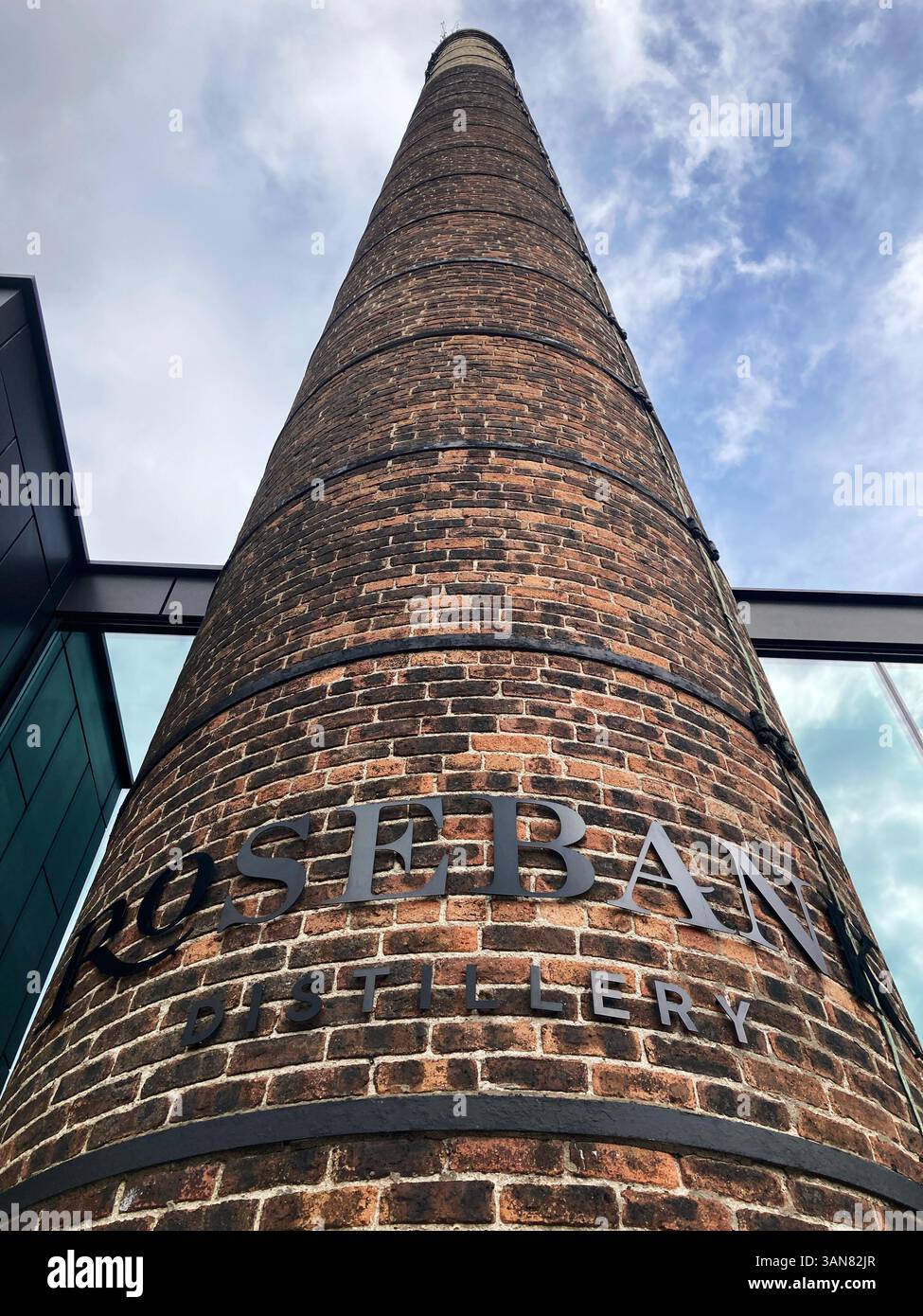 Rosebank Distillery, and iconic brick chimney, Falkirk, Scotland - Smartphone Captured Stock Image