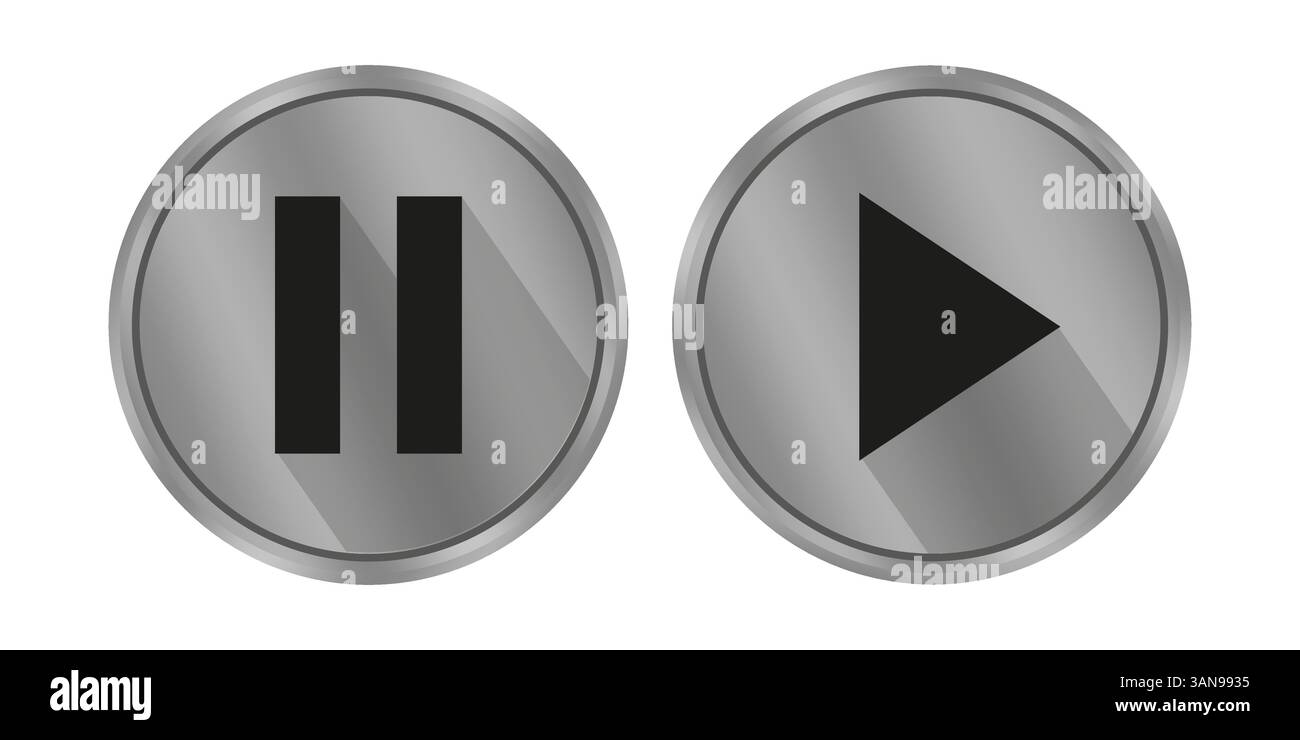 Pause play buttons. Vector silver shapes. Glossy media icons. Dark UI ...