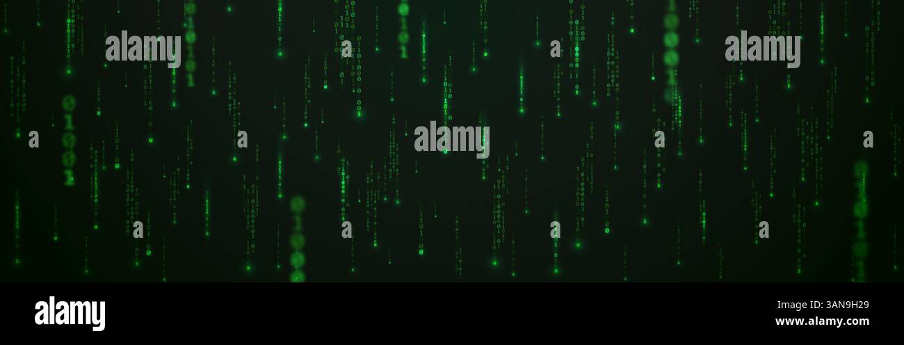 Binary code background with falling digits. Futuristic green matrix. Abstract data stream. Glowing running numbers. Random overlay code on wide wallpa Stock Vector