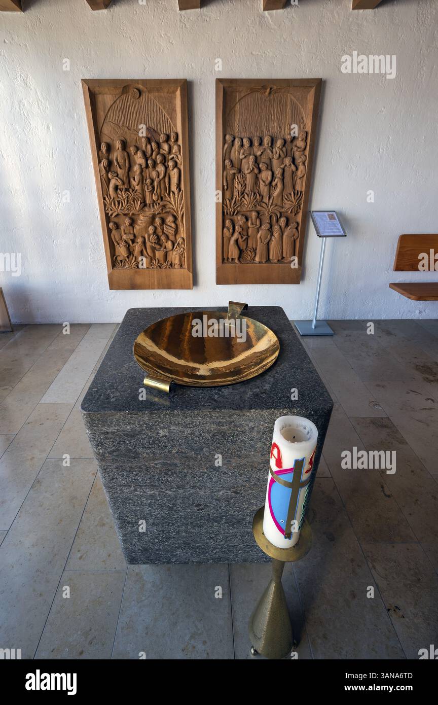 Interior with baptismal font, Easter candle and wooden reliefs, Protestant Church, Zum Guten Hirten, Fischen, Allgaeu, Swabia, Bavaria, Germany, Europ Stock Photo