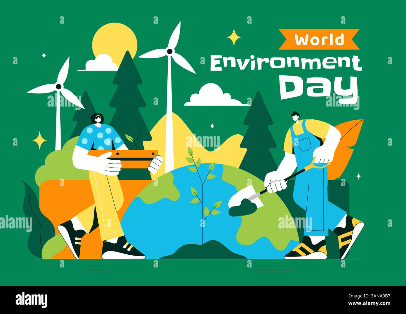 World Environment Day Vector Illustration with Green Trees and Plants ...