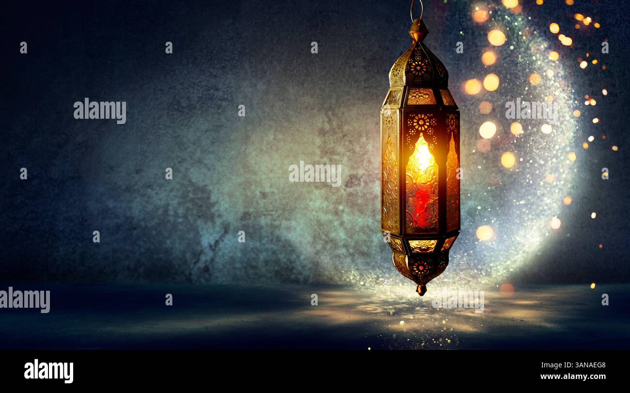 Ramadan Kareem - Arabic Lantern Hanging In Interior Room - Abstract Crescent Moon Shape With Glittering Effect Stock Photo