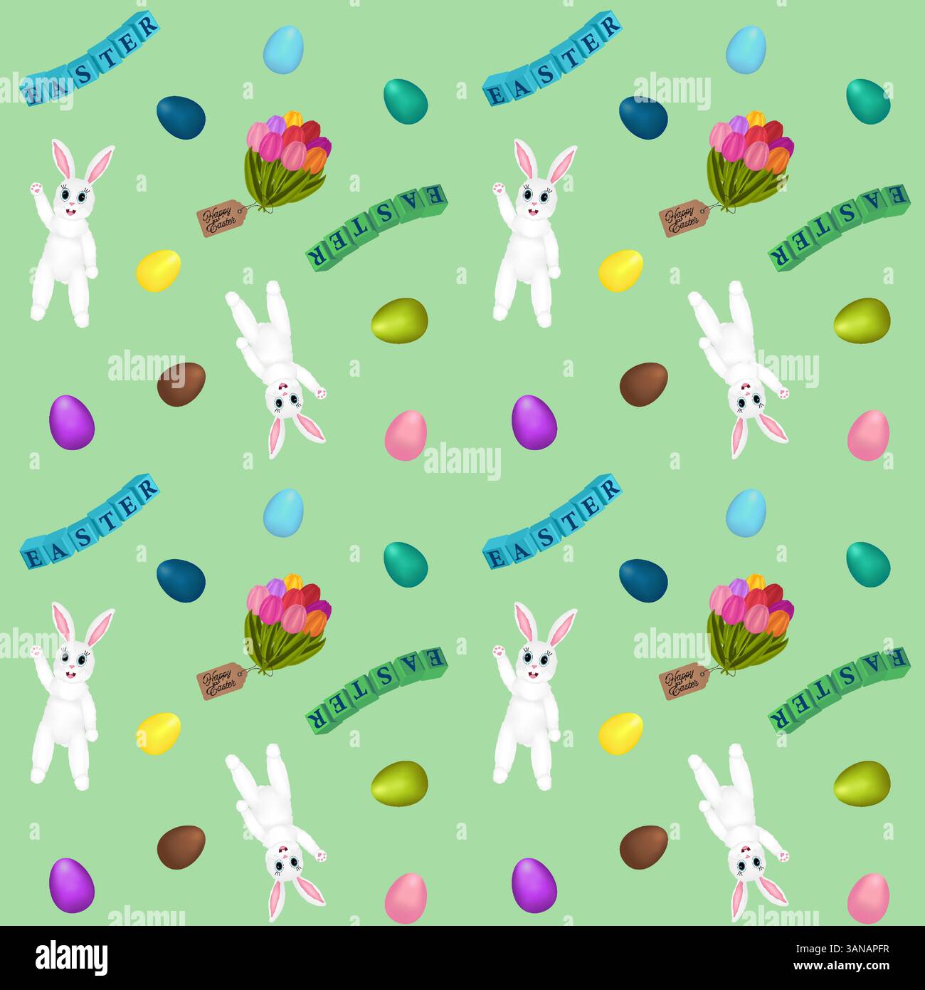 Seamless pattern with 3D elements featuring anthropomorphic Easter bunnies, multicolored Easter eggs, and cubes Easter inscription on a mint backgroun Stock Vector