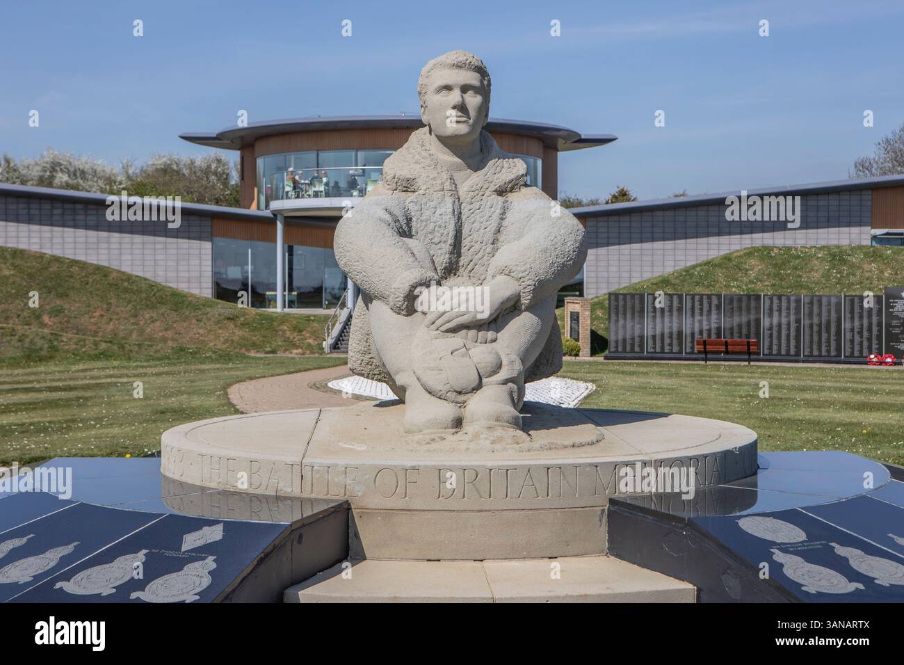 A sculpture of a world war two fighter pilot at The Battle of Britain Memorial at Capel-le-Ferne, Kent, UK. Stock Photo
