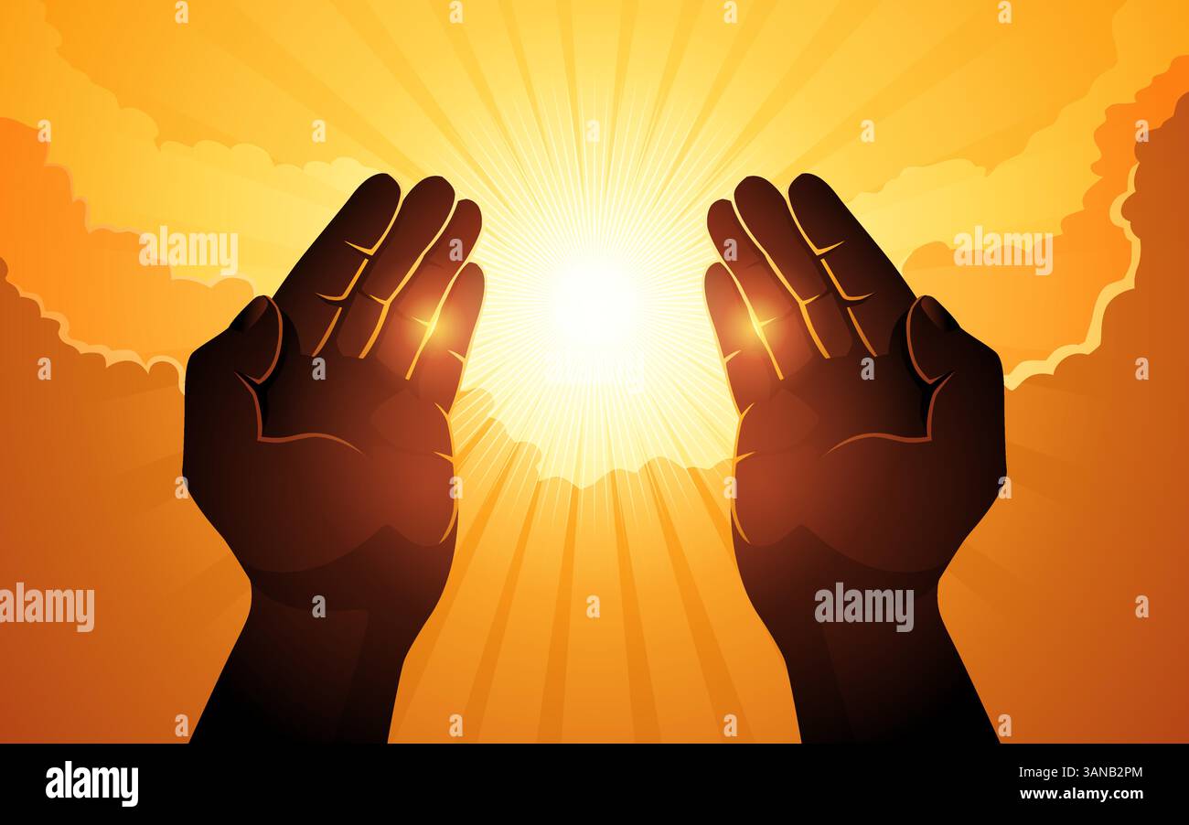 Two hands raised in prayer or supplication, illuminated by a glowing divine light against a golden sky. Symbolizing faith, spirituality, hope, gratitu Stock Vector