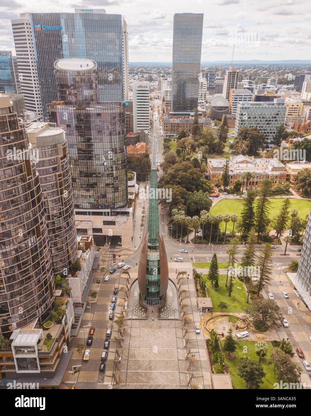 Aerial view of swan river and elizabeth quay with modern skyscrapers and green spaces, perth downtown, australia. Stock Photo