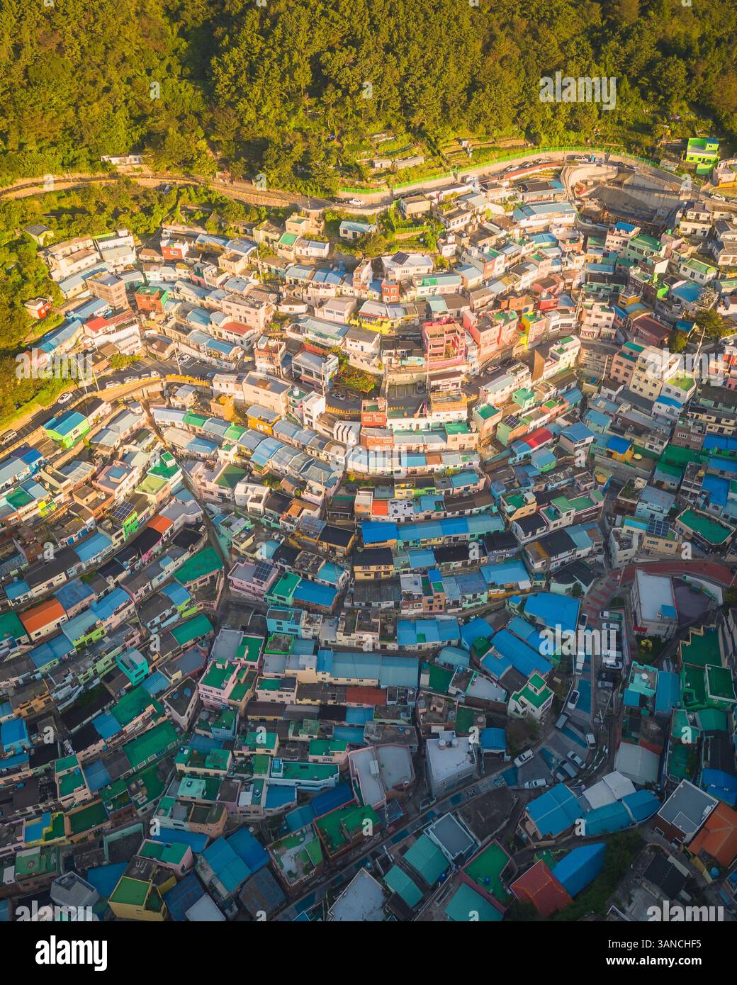 Aerial view of Gamcheon Culture Village at sunrise, Busan, South Korea ...