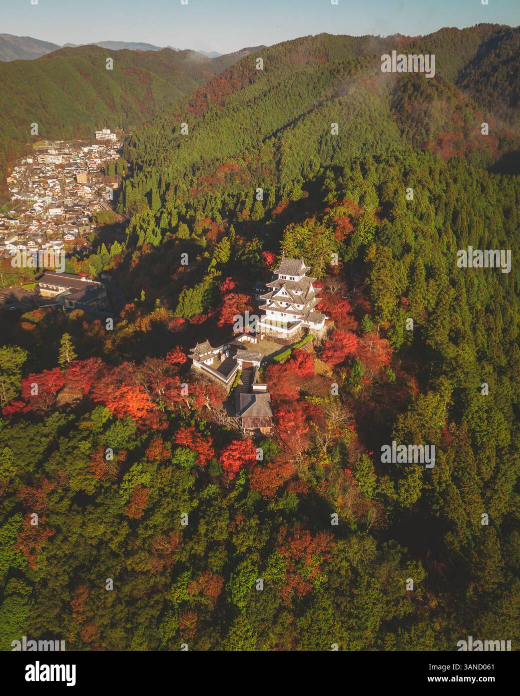 Aerial view of Gujo Hachiman Castle at sunrise during koyo season, Gujo ...
