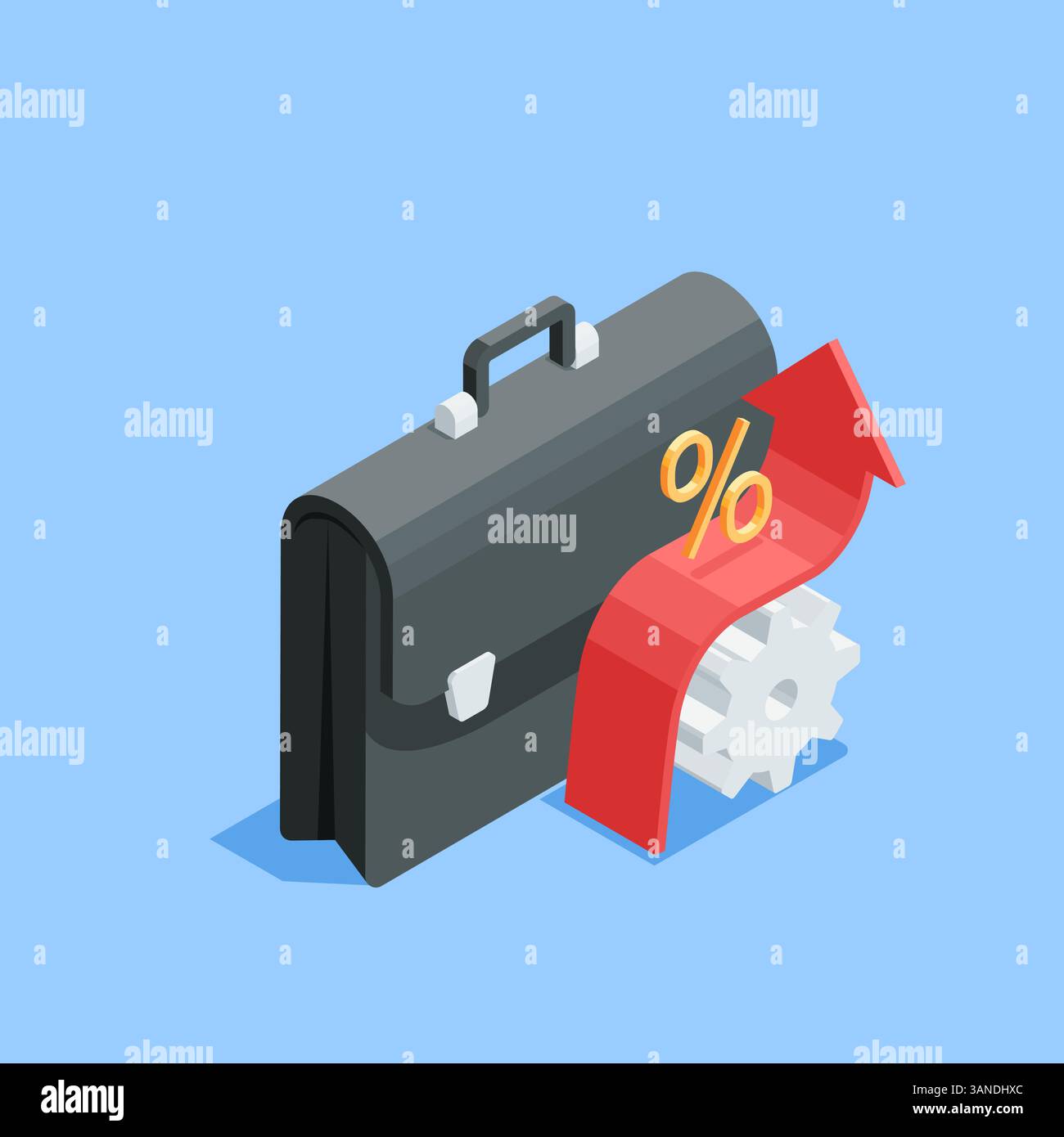 isometric vector arrow up over gear with percent icon and briefcase, in color on white background, financial growth or rising income Stock Vector