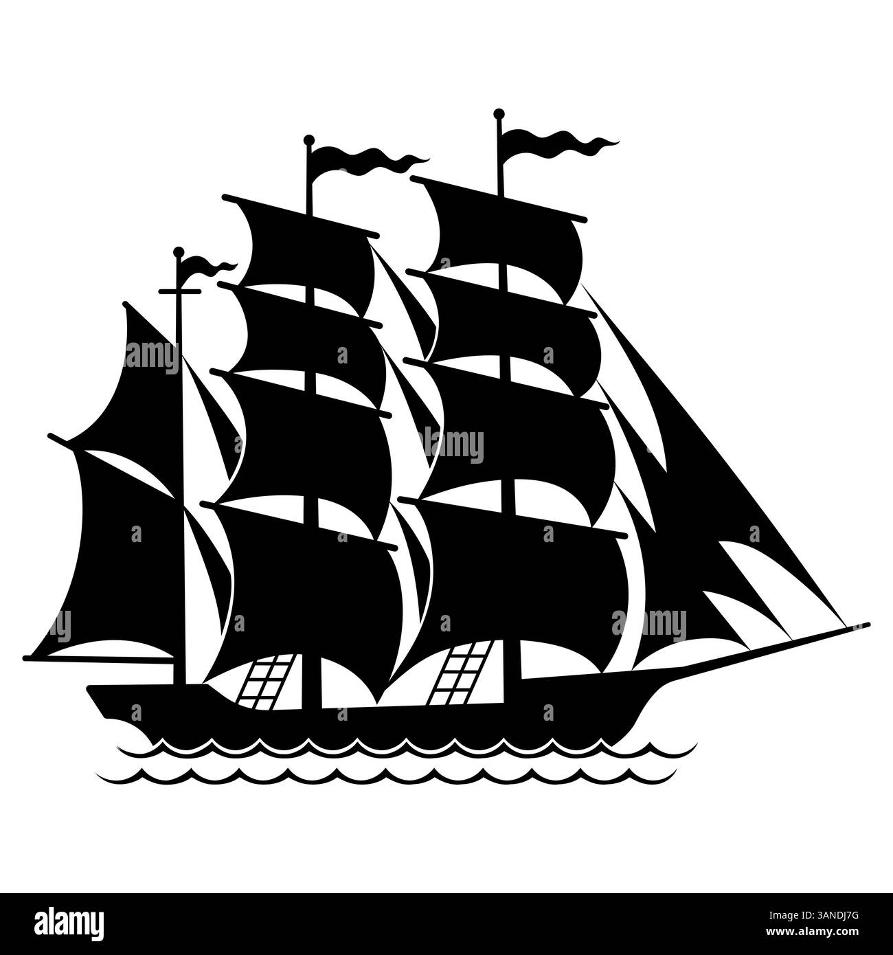 Ship sailboat sails on the waves, silhouette Stock Vector Image & Art ...