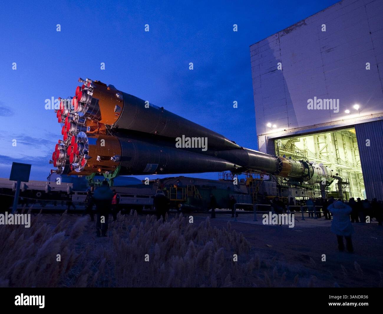 Mar 31, 2010 - Baikonur, Kazakhstan - The Soyuz TMA-18 spacecraft arrived by train to the launch pad at the Baikonur Cosmodrome, Kazakhstan, Wednesday, March, 31, 2010. The launch of the Soyuz spacecraft with Expedition 23 Soyuz Commander Alexander Skvortsov, Flight Engineer Mikhail Kornienko and NASA Flight Engineer Tracy Caldwell Dyson is scheduled for Friday, April 2, 2010 at 12:04 a.m. Eastern.  (Credit Image: © Bill Ingalls/NASA/ZUMApress.com) Stock Photo