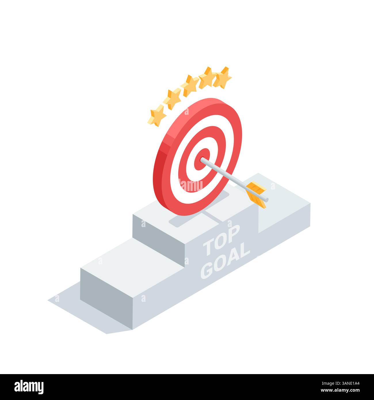 isometric vector target with an arrow on the top step of the pedestal and five stars, in color on a white background, top goal or highest success Stock Vector