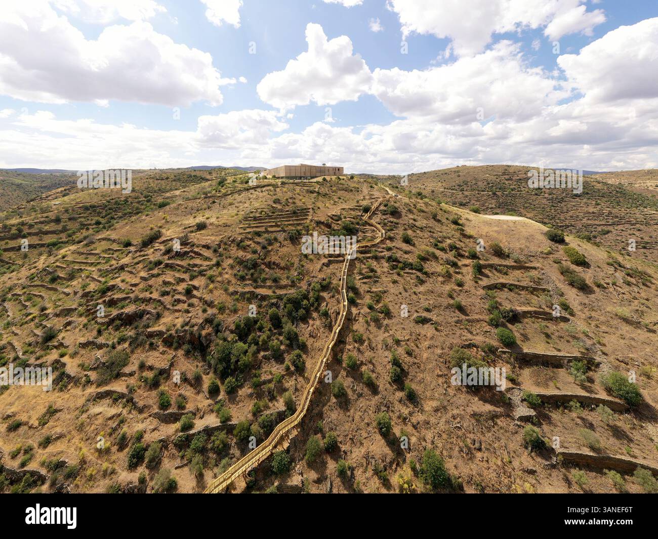 Aerial view of a walking path along Coa River in Vale de Afonsinho, Portugal. Stock Photo