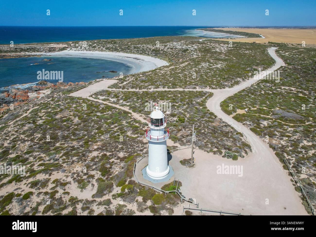 Aerial view of corny point lighthouse and talcum powder sands along the ...