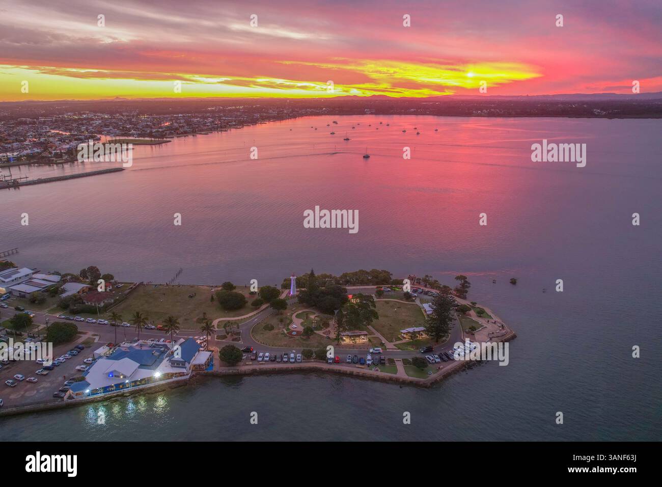 Aerial view of beautiful sunset over Tagus River and town, Cleveland ...