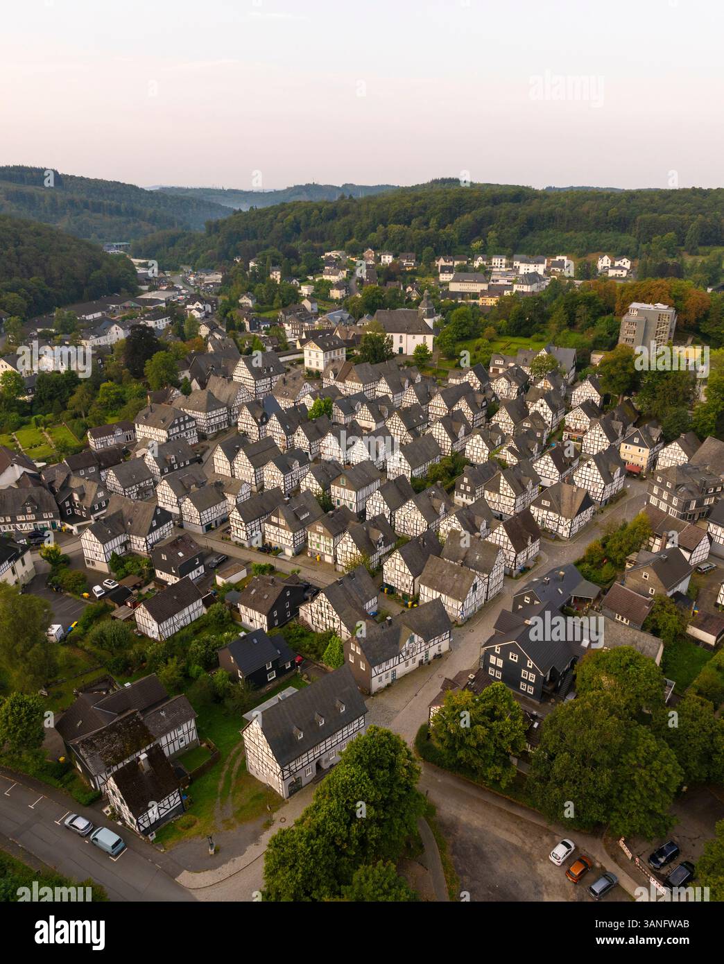 Aerial view of historic half-timbered houses in a scenic village ...