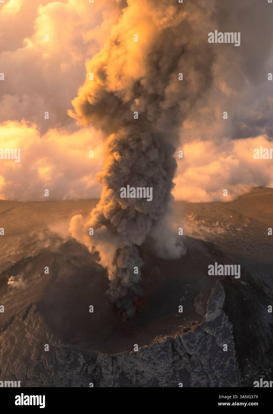 Aerial view of the erupting Fuego volcano with smoke plume and dynamic ...