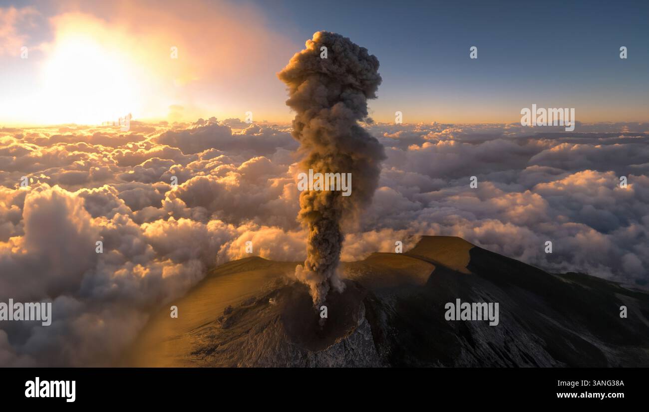 Aerial view of erupting Fuego volcano with smoke plume and dramatic ...