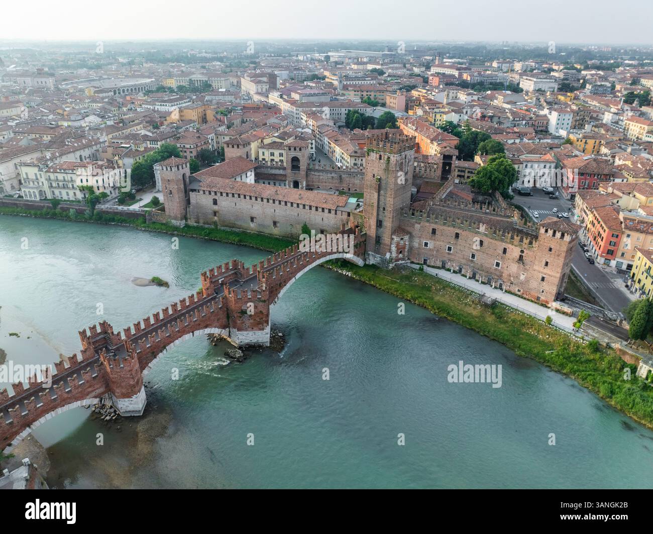 Aerial view of Verona with Adige river, Ponte Castelvecchio, and ...