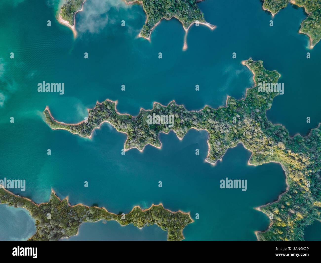 Aerial view of Guatapé, a complex of bay and inlets in Antioquia ...