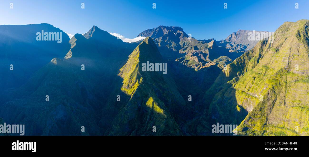 Panoramic aerial view of beautiful landscape mountain at sunset, La Possession, Saint Denis, Reunion. Stock Photo